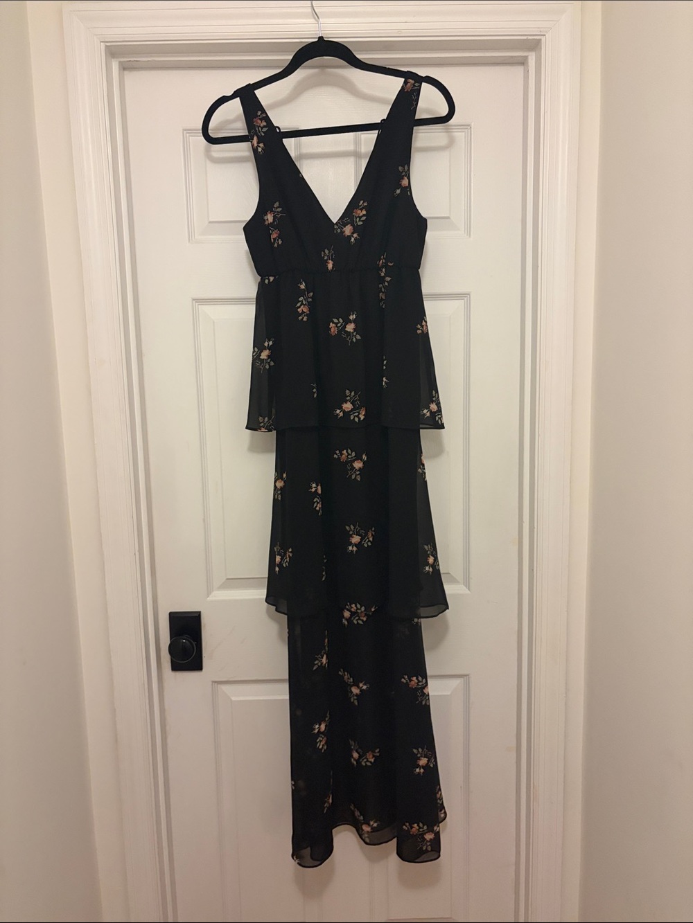 BCBG Black Floral High-Low V-Neck Tiered Dress